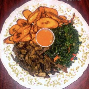 Fried Plantains, Suya and Spinach