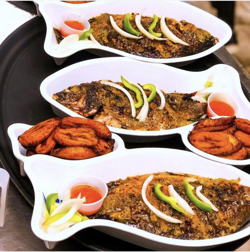 Roasted tilapia and fried ripe plantain